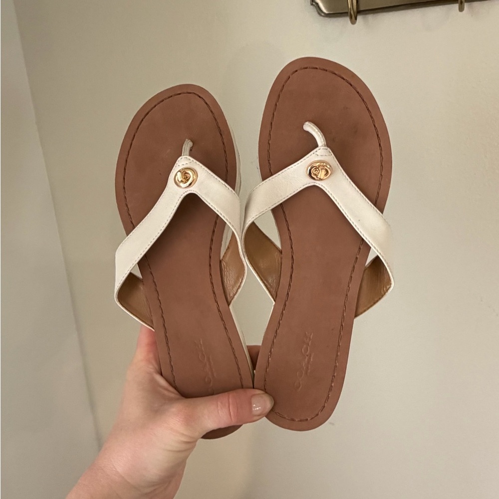 Coach White Leather Thong Sandals with Brown Footbed